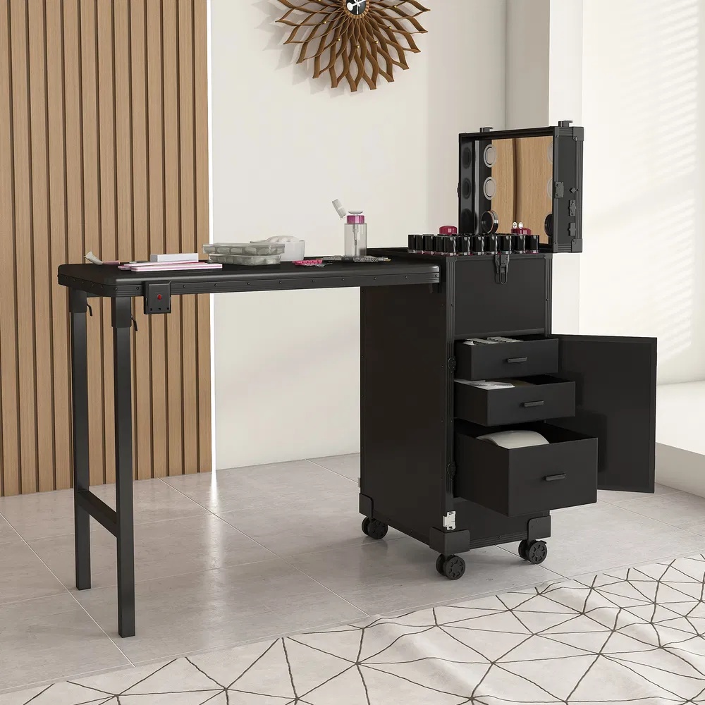 Portable Nail Art Table W& LED Mirror, Bluetooth, Lockable Drawers, Telescopic Pole - Folding Manicure Station For Salons - Black