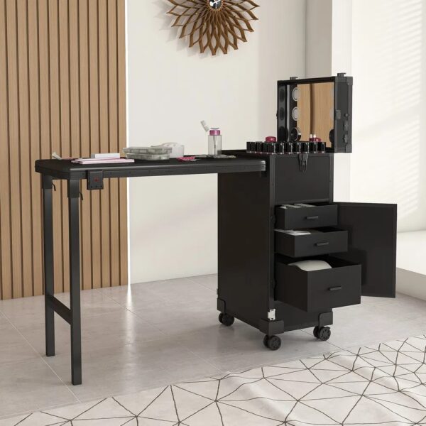 Portable Nail Art Table W& LED Mirror, Bluetooth, Lockable Drawers, Telescopic Pole - Folding Manicure Station For Salons - Black - Image 2