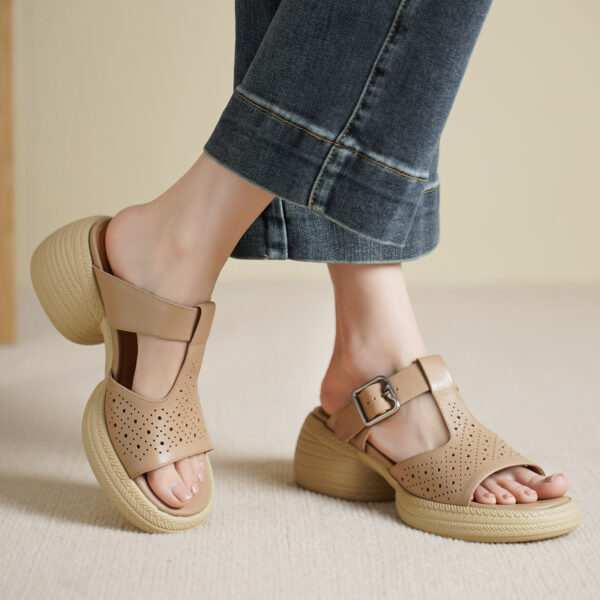 Premium Handmade Washed Leather Perforated Mule Sandals, Women's Chunky Platform T-Strap Slides - Image 6