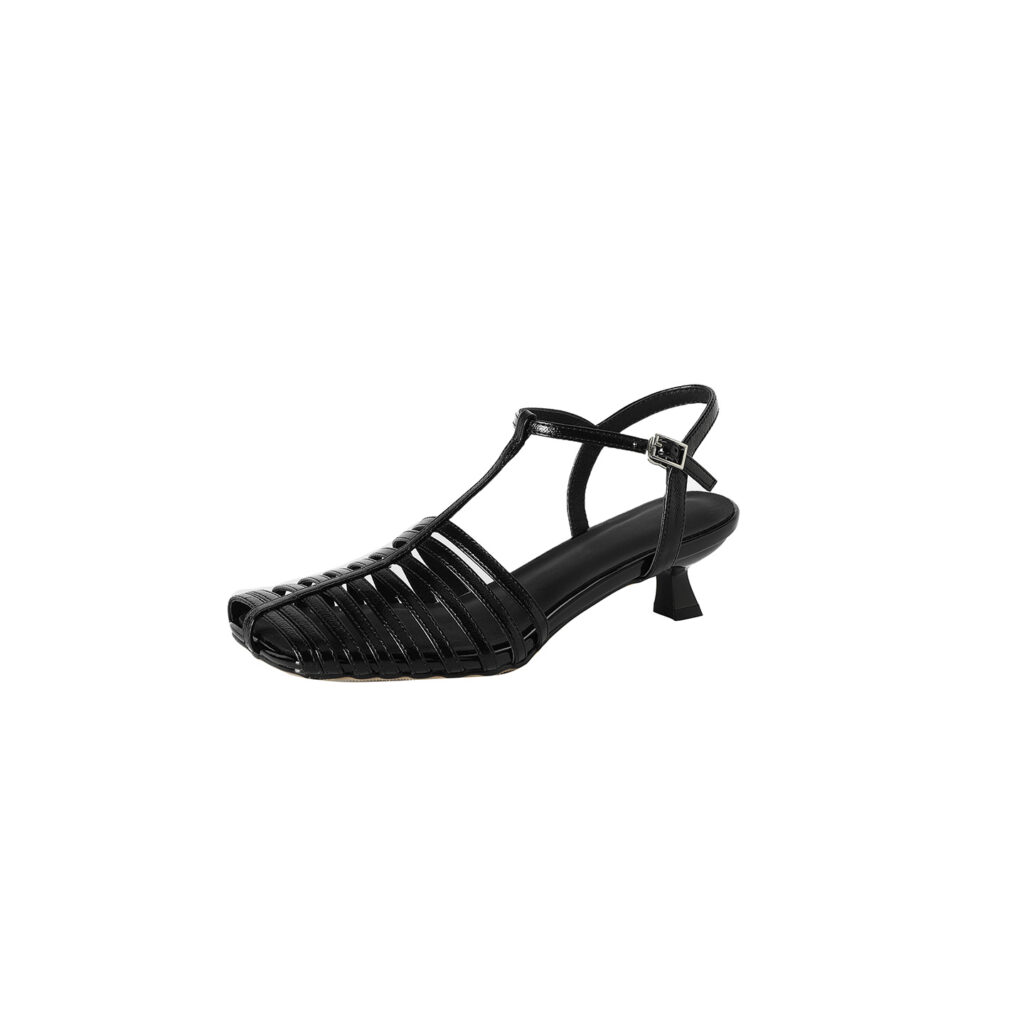 Women's Washed Genuine Lambskin Cage Sandals, T-Strap Slingback Kitten Heel Shoes