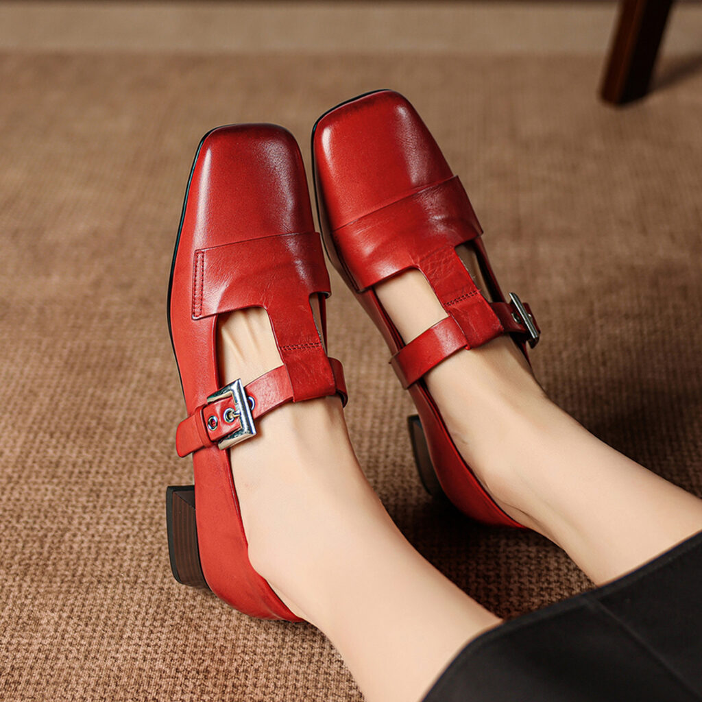 Women's Handmade Full-Grain Leather Mary Jane Shoes, Vintage Square Toe T-Strap Buckle Low Block Heel Pumps