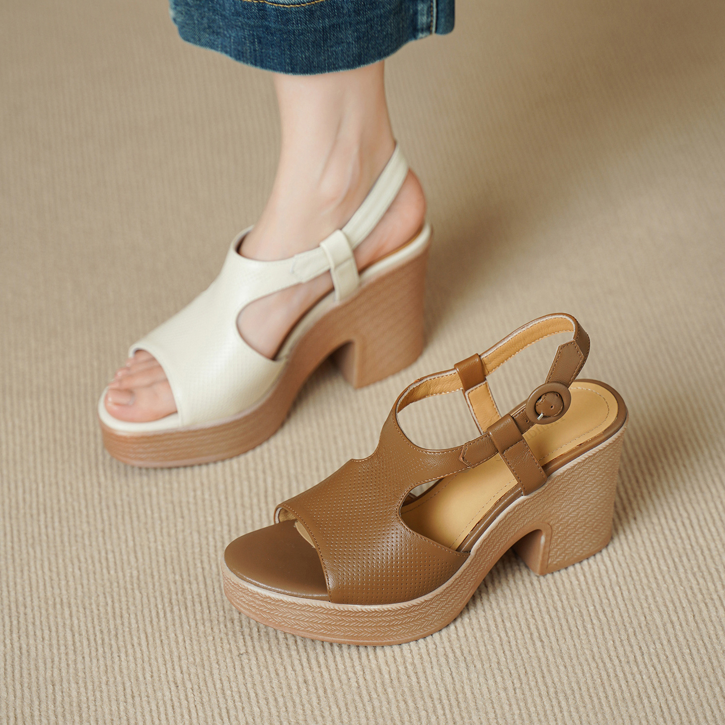 Handcrafted Full-Grain Lambskin Chunky Heel Platform Sandals, Women's Perforated Slingback Shoes - Image 8
