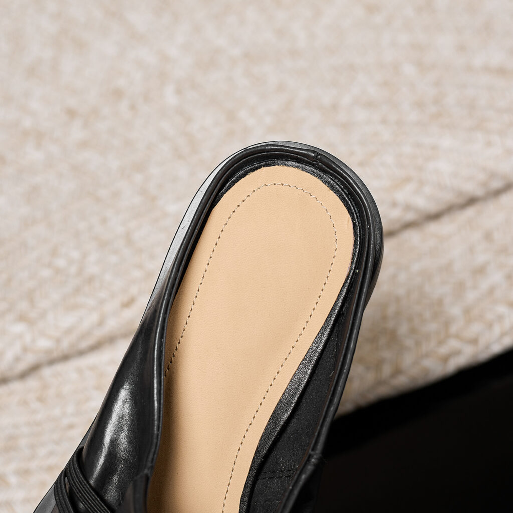 Women's Full-Grain Calfskin Square Toe Mules, Handmade Leather Slip-On Low Heel Slides
