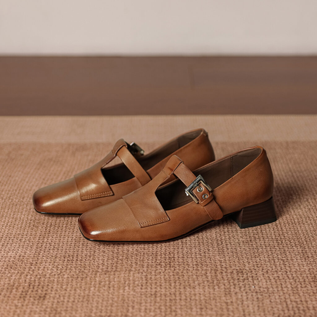 Women's Handmade Full-Grain Leather Mary Jane Shoes, Vintage Square Toe T-Strap Buckle Low Block Heel Pumps