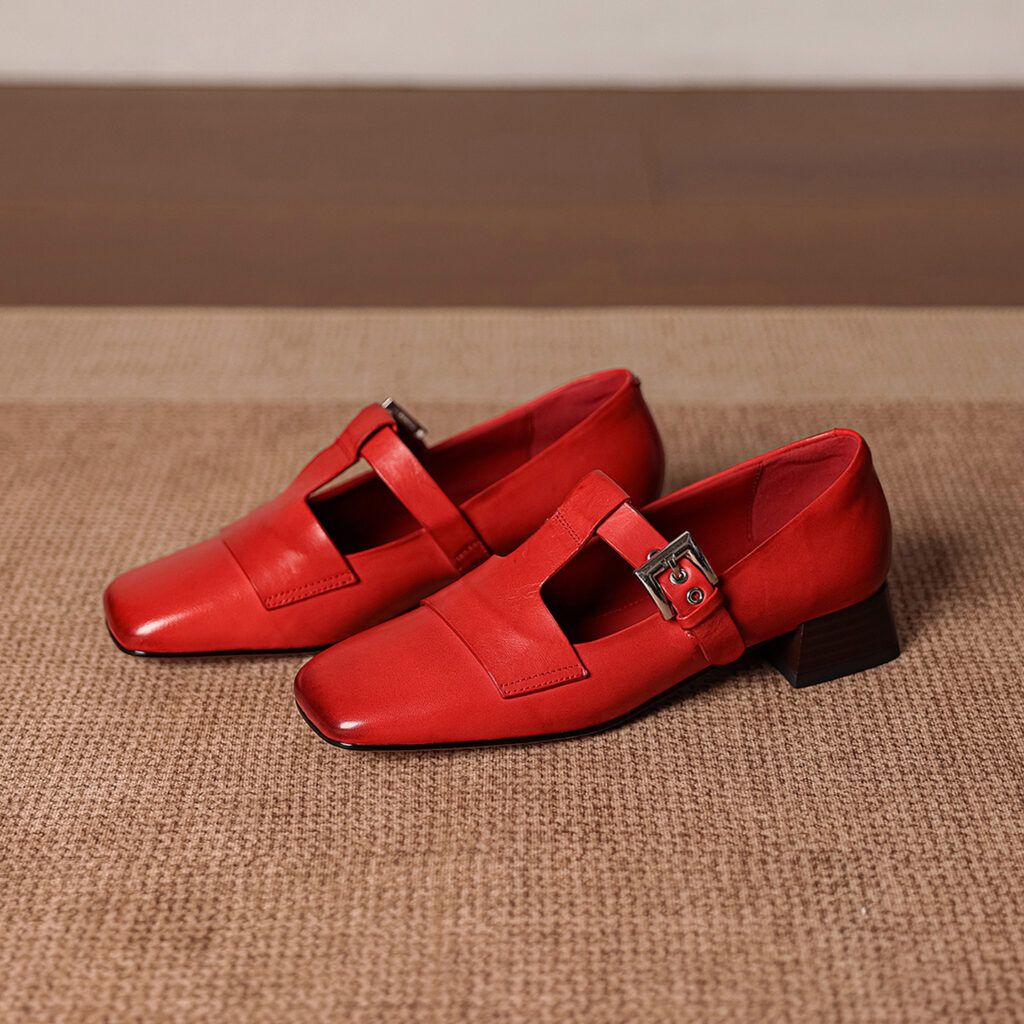 Women's Handmade Full-Grain Leather Mary Jane Shoes, Vintage Square Toe T-Strap Buckle Low Block Heel Pumps