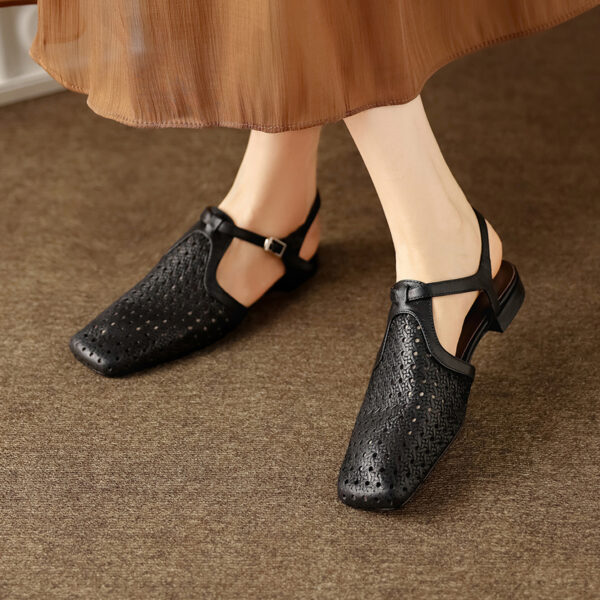 Women's Washed Full Grain Leather Slingback Sandals, Perforated T-Strap Closed-Toe Flat Shoes - Image 2