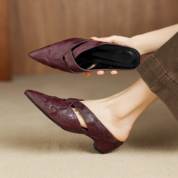 Women's Full-Grain Lambskin Pointed Toe Mules, Handmade Leather Crisscross Low Heel Slides - Image 2