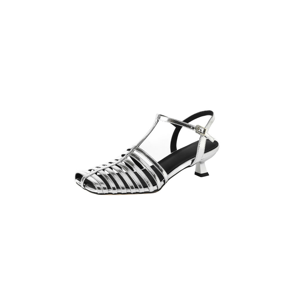 Women's Washed Genuine Lambskin Cage Sandals, T-Strap Slingback Kitten Heel Shoes