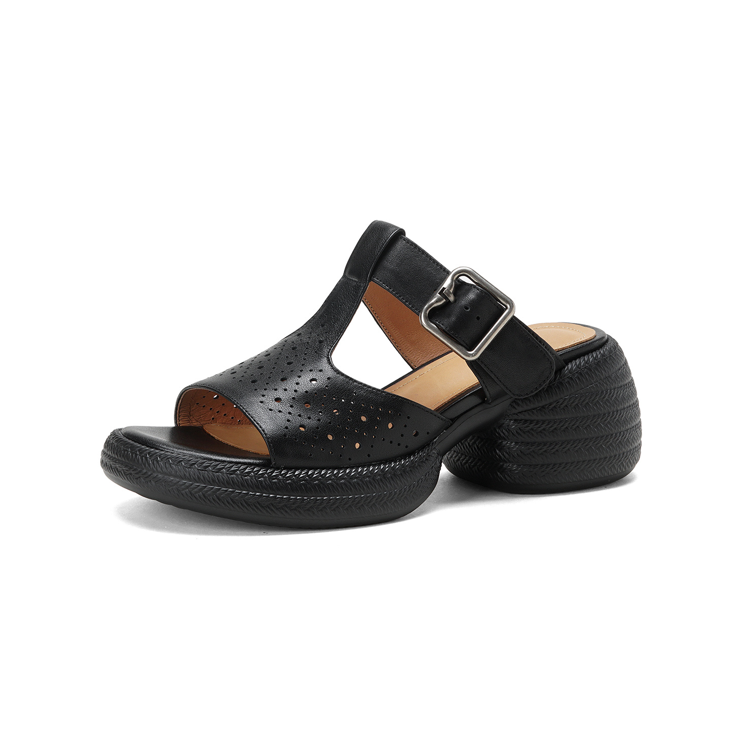 Premium Handmade Washed Leather Perforated Mule Sandals, Women's Chunky Platform T-Strap Slides - Image 20