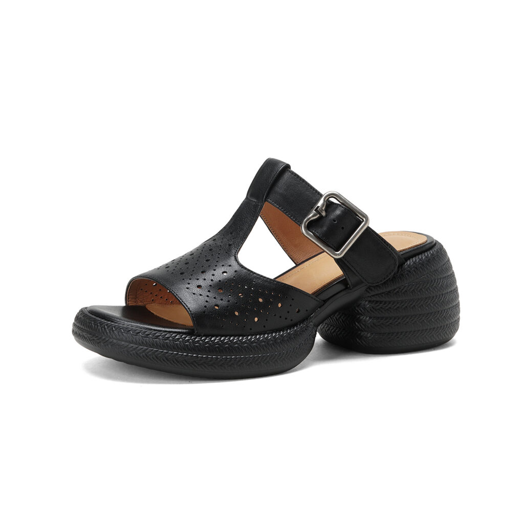 Premium Handmade Washed Leather Perforated Mule Sandals, Women's Chunky Platform T-Strap Slides