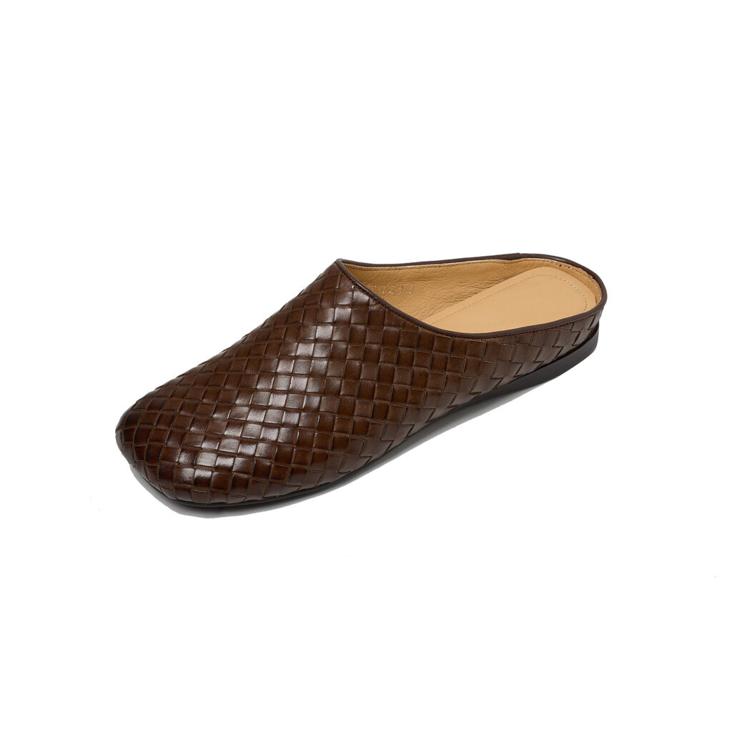 Women's Handwoven Full-Grain Leather Mules, Premium Cowhide Square Toe Slip-On Slides