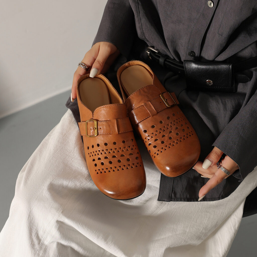 Women's Handcrafted Washed Full-Grain Cowhide Perforated Buckle Mules, Round Toe Flat Backless Slides