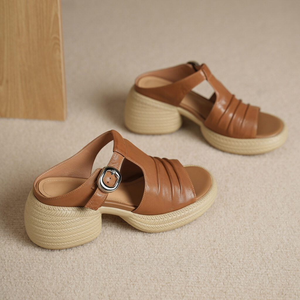 Women's Handcrafted Full-Grain Leather Ruched T-Strap Platform Mule Sandals, Chunky Heel Slides With Buckle