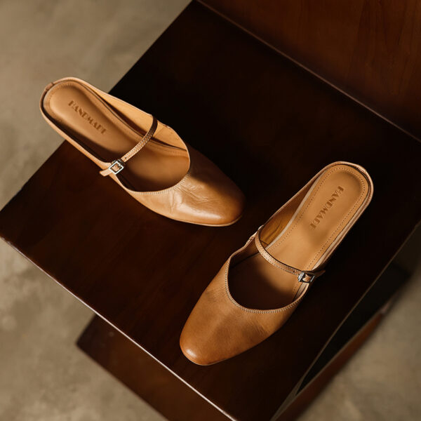 Women's Washed Full Grain Leather Mary Jane Mules, Low Heel Square Toe Slide Sandals - Image 2