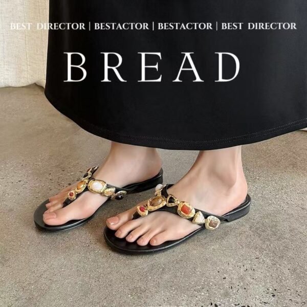 Women's Artisanal Full-Grain Leather Thong Sandals, Handcrafted Multi-Stone Embellished Flat Flip Flops