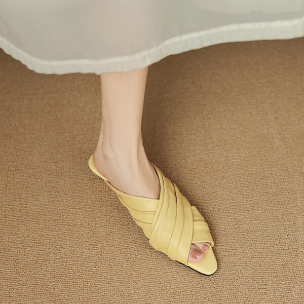 Women's Ruched Lambskin Slide Sandals, Square Toe Handmade Leather Flat Mules - Image 9