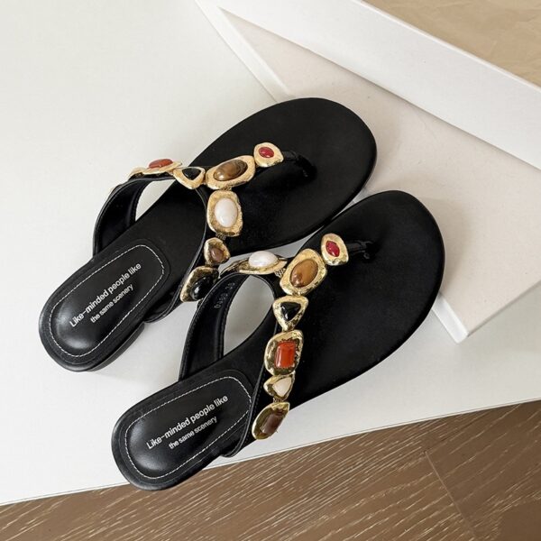 Women's Artisanal Full-Grain Leather Thong Sandals, Handcrafted Multi-Stone Embellished Flat Flip Flops - Image 11