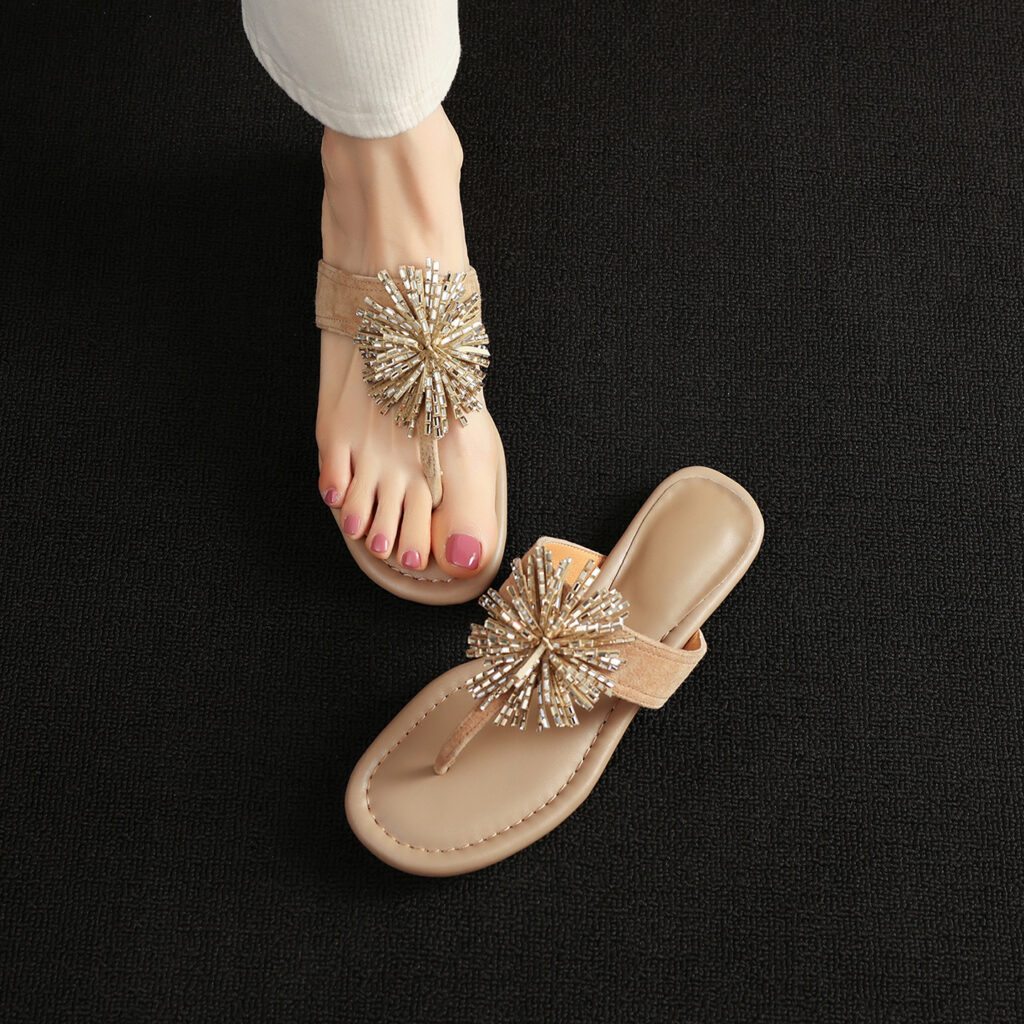 Women's Artisanal Full-Grain Lambskin Flip-Flop Sandals, Handmade Fireworks Crystal Embellished Suede Slides