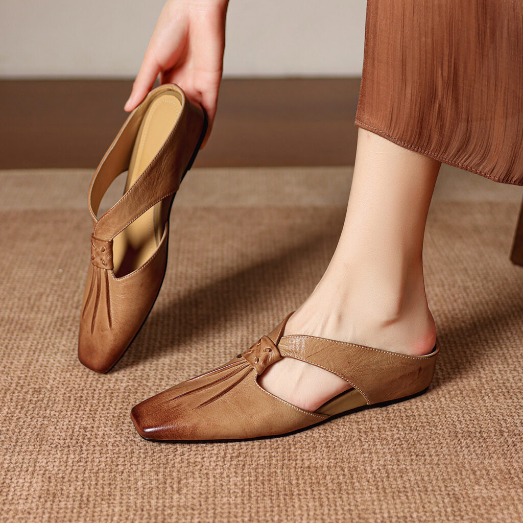 Women's Handmade Full-Grain Leather Mule Sandals, Vintage Square Toe T-Strap Slip-On Flat Shoes
