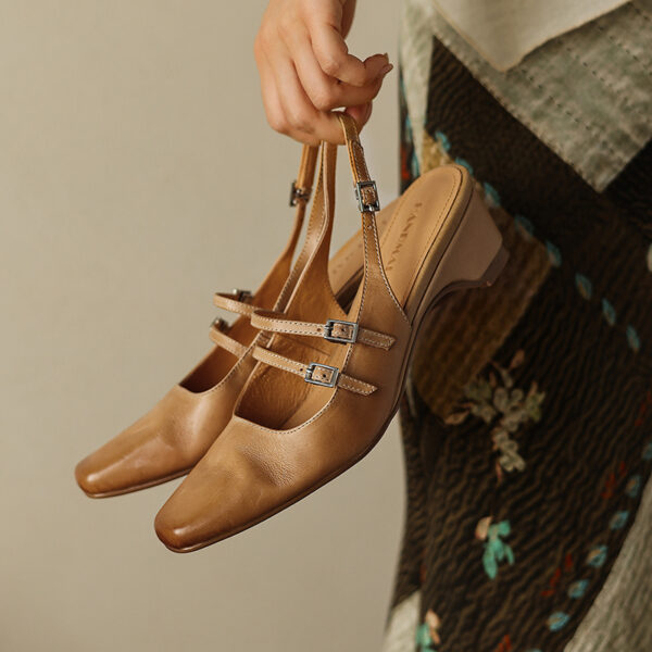 Women's Handmade Washed Full-Grain Leather Slingback Mary Jane Sandals, Vintage Square Toe Double Strap Buckle Low Wedge Heel Shoes