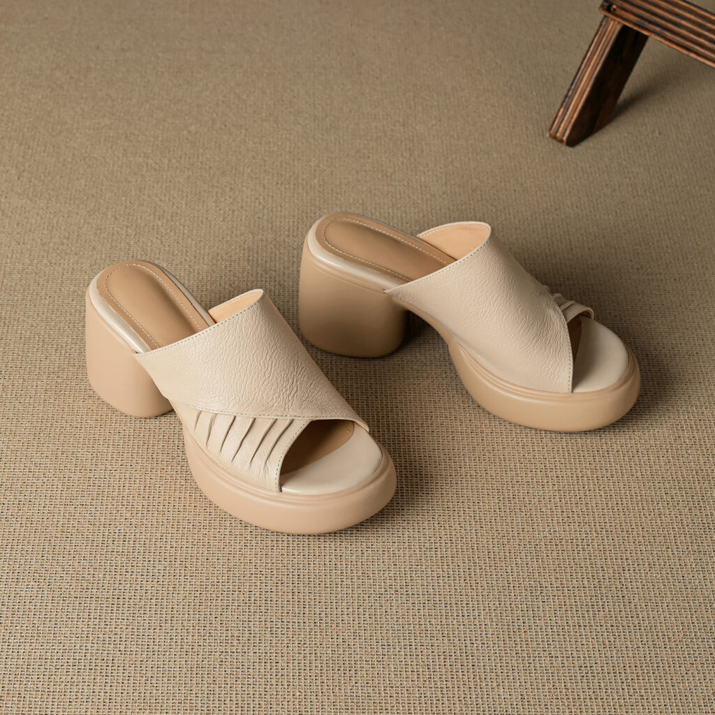 Soft Genuine Lambskin Ruched Block Heel Slides, Ladies Open-Toe Leather Mules