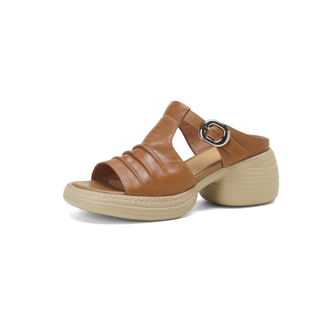 Women's Handcrafted Full-Grain Leather Ruched T-Strap Platform Mule Sandals, Chunky Heel Slides With Buckle