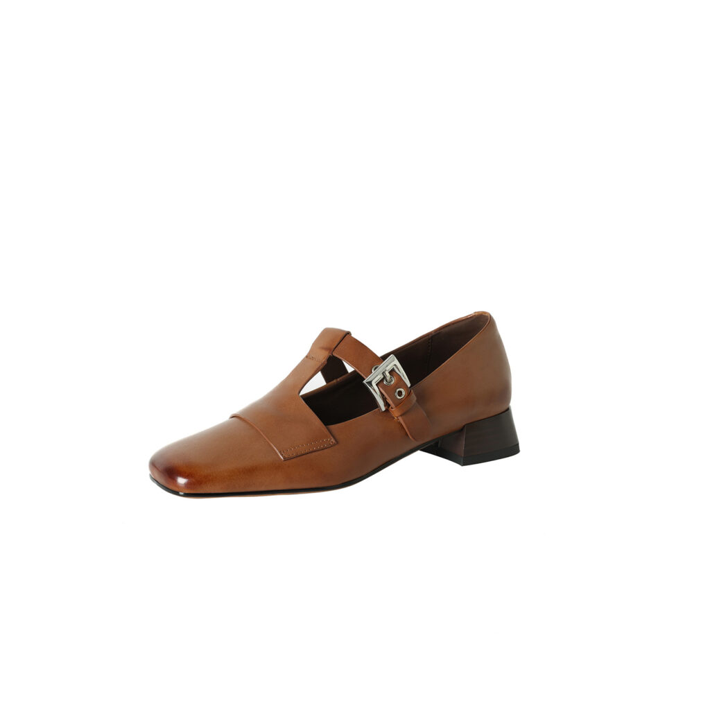 Women's Handmade Washed Full-Grain Leather Mary Jane Shoes, Vintage Square Toe T-Strap Buckle Low Block Heel Pumps