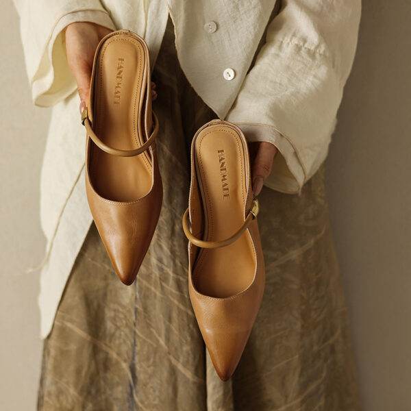 Women's Washed Full Grain Leather Pointed Toe Mary Jane Mules, Low Block Heel Slide Sandals - Image 7
