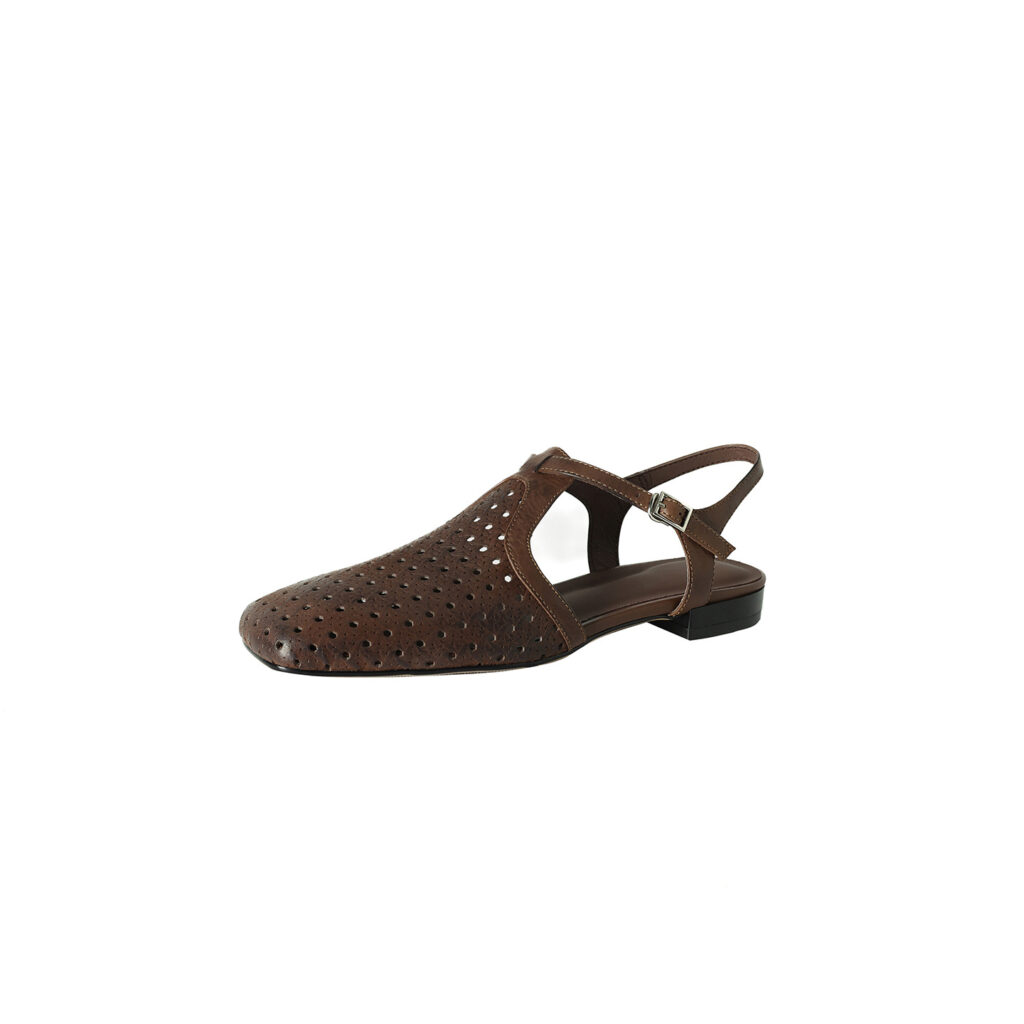 Women's Washed Full Grain Leather Slingback Sandals, Perforated T-Strap Closed-Toe Flat Shoes