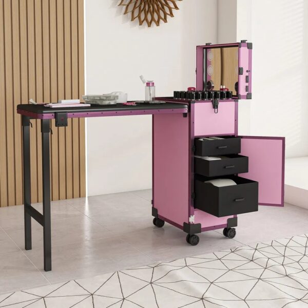 Portable Nail Art Table W & LED Mirror, Bluetooth, Lockable Drawers, Telescopic Pole - Folding Manicure Station For Salons - Pink - Image 3