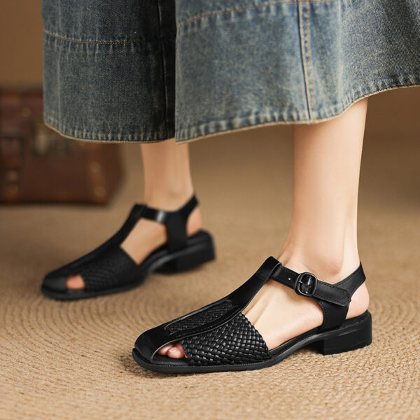 Women's Washed Full Grain Leather Woven T-Strap Sandals, Square Toe Block Heel Closed-Toe Shoes - Image 9