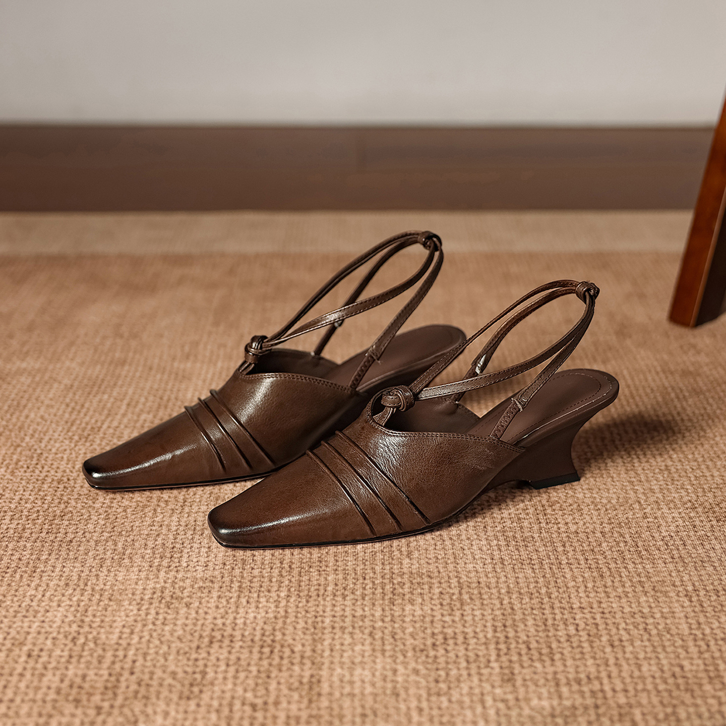 Premium Handmade Washed Leather Wedge Sandals, Women's Knotted Slingback Square Toe Shoes - Image 3