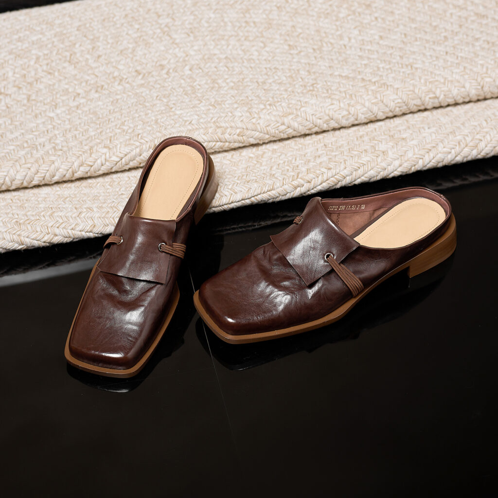 Women's Full-Grain Calfskin Square Toe Mules, Handmade Leather Slip-On Low Heel Slides