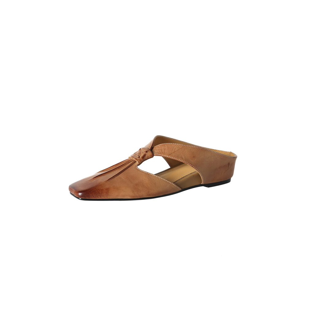 Women's Handmade Full-Grain Leather Mule Sandals, Vintage Square Toe T-Strap Slip-On Flat Shoes