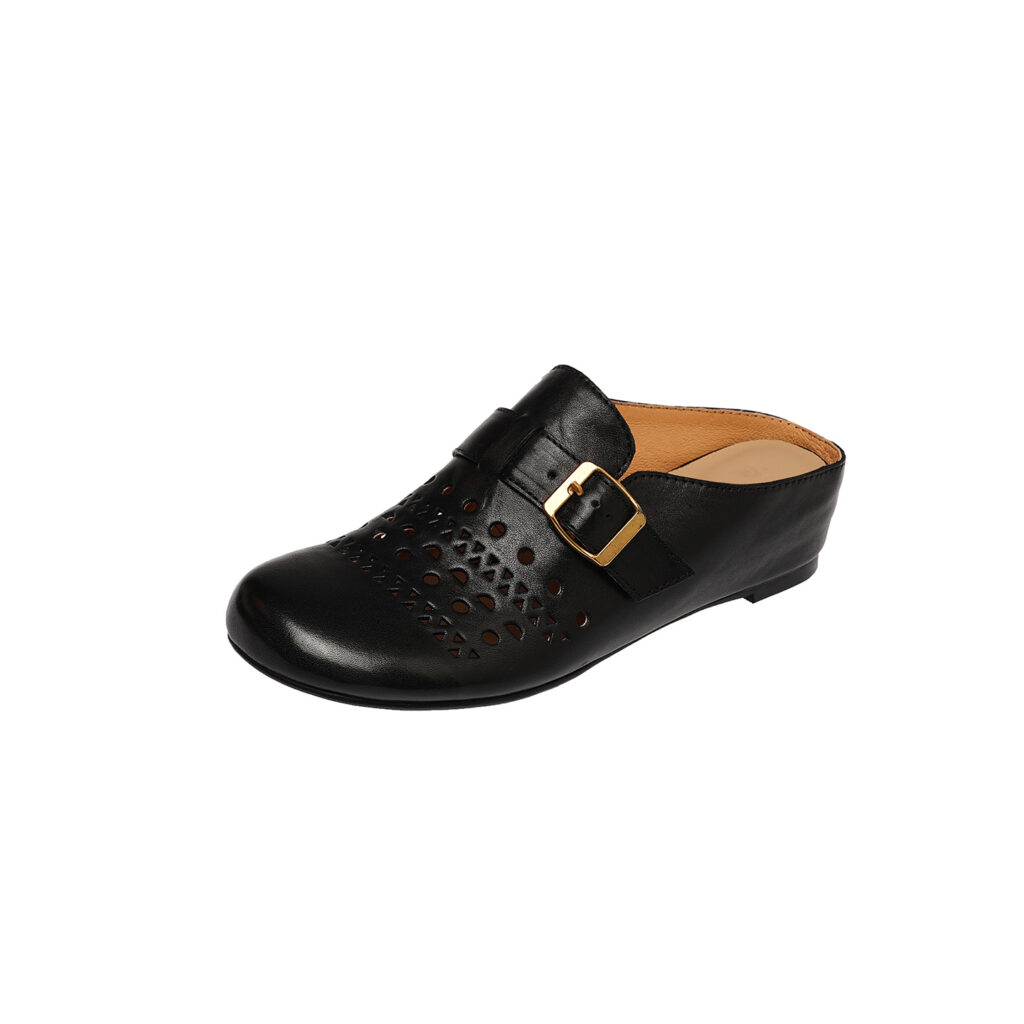 Women's Handcrafted Washed Full-Grain Cowhide Perforated Buckle Mules, Round Toe Flat Backless Slides