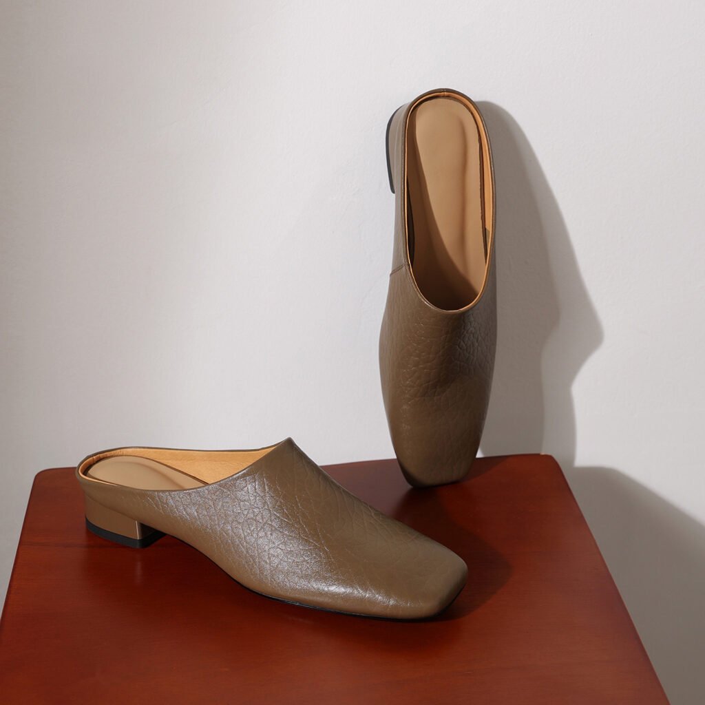 Women's Premium Full-Grain Cowhide Square Toe Mules, Low Block Heel Slip-On Backless Shoes