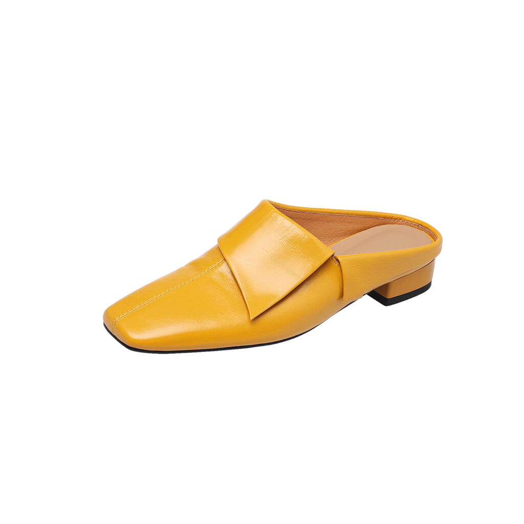 Vintage Washed Full-Grain Cowhide Fold-Over Mules, Ladies Square Toe Low Heel Backless Loafers