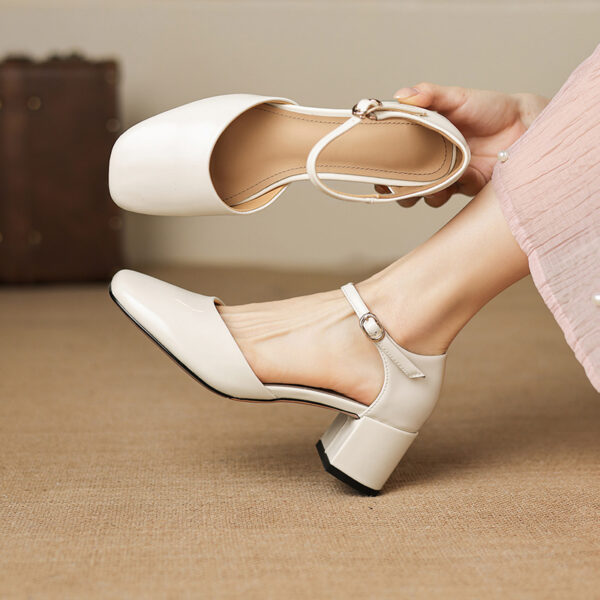Women's Full-Grain Cowhide Mary Jane Block Heel Sandals, Handmade Leather Square Toe Heels - Image 9