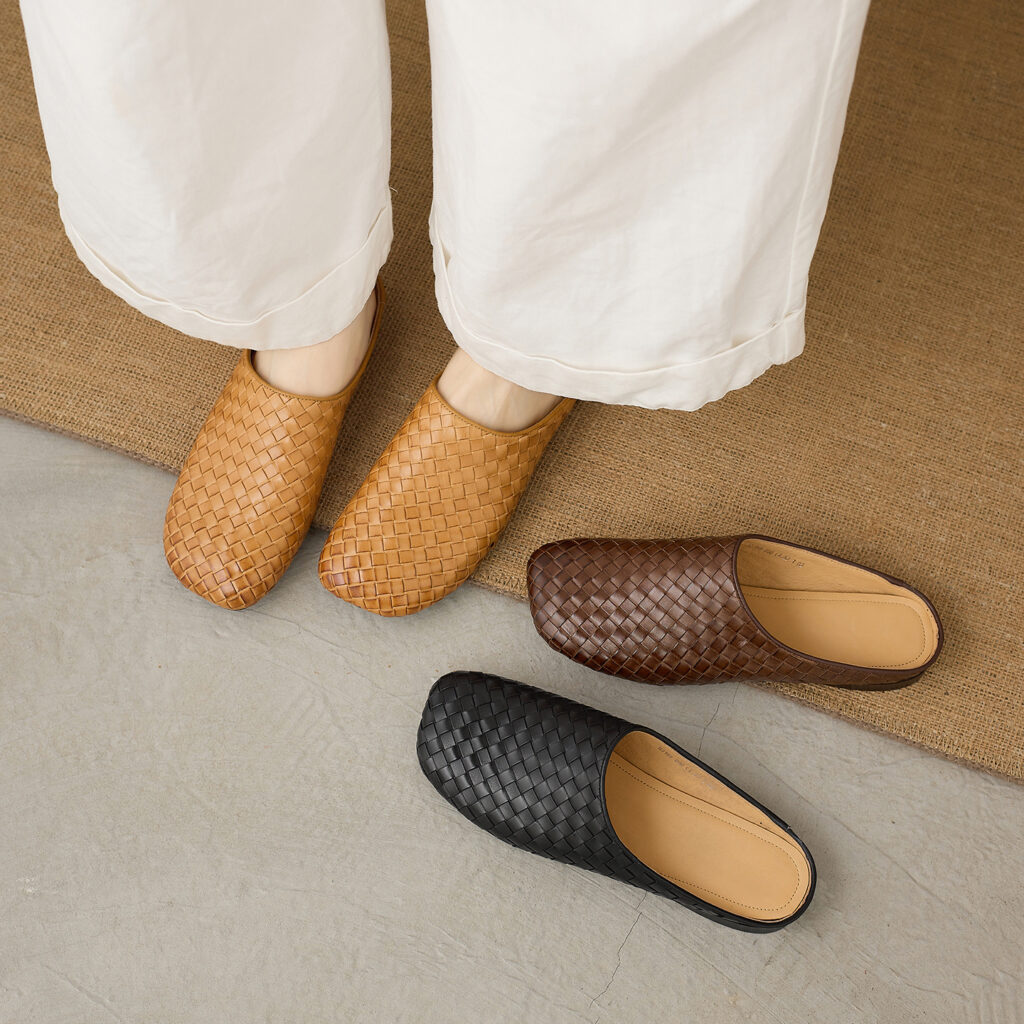 Women's Handwoven Full-Grain Leather Mules, Premium Cowhide Square Toe Slip-On Slides