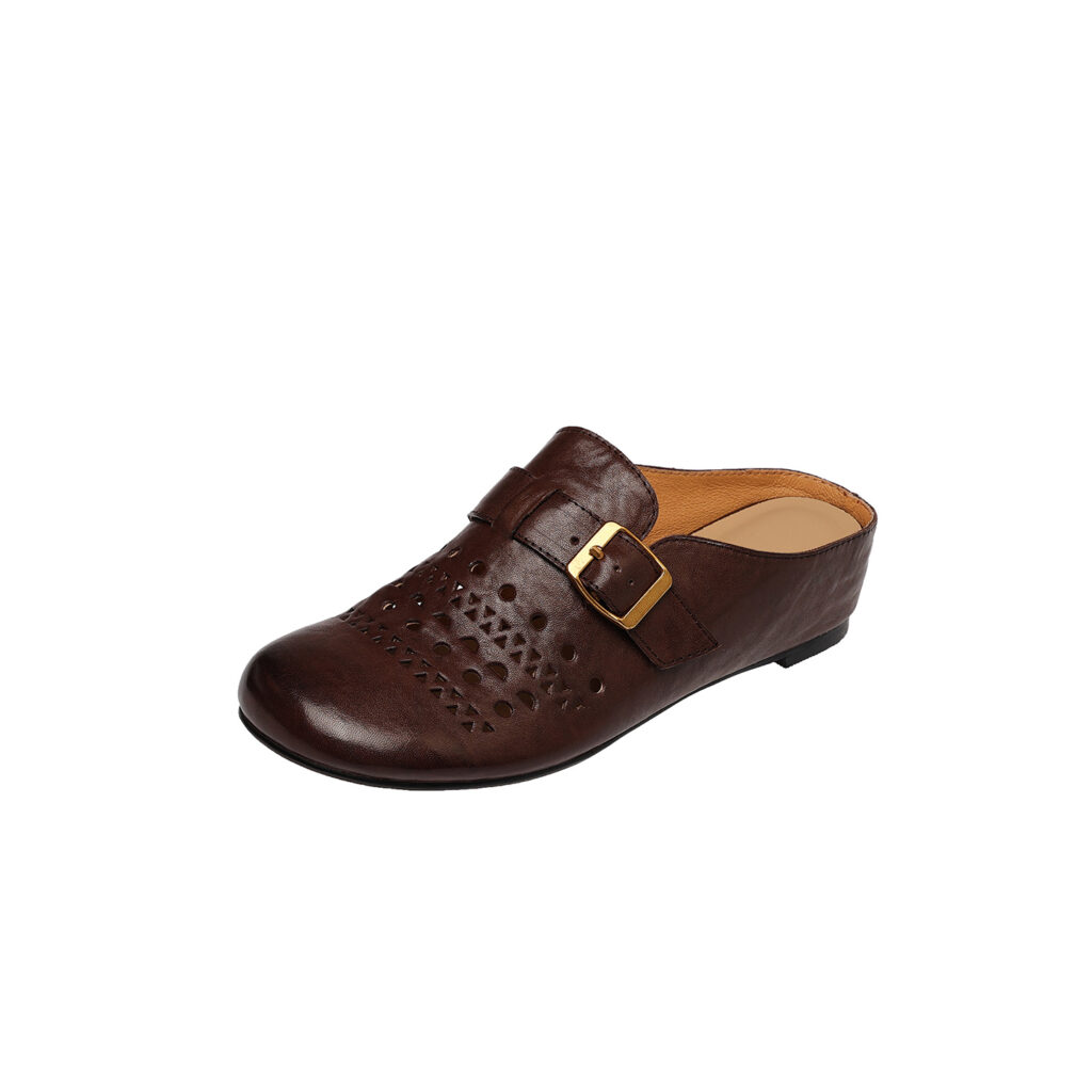 Women's Handcrafted Washed Full-Grain Cowhide Perforated Buckle Mules, Round Toe Flat Backless Slides