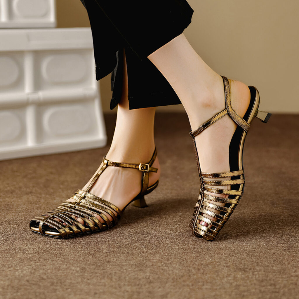 Women's Washed Genuine Lambskin Cage Sandals, T-Strap Slingback Kitten Heel Shoes