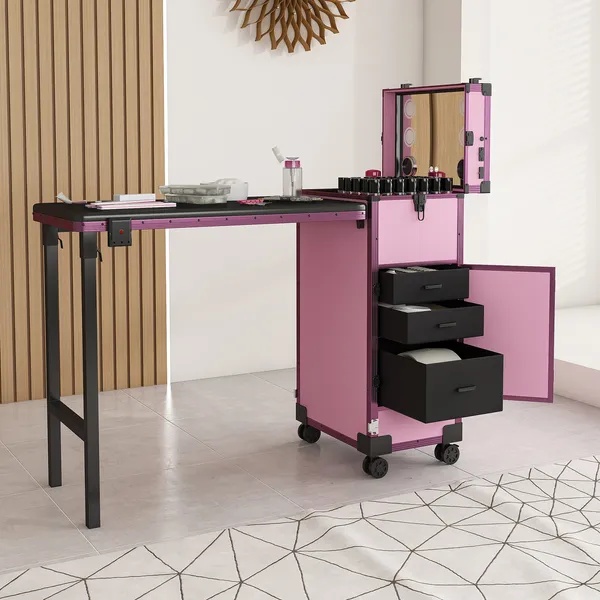 Portable Nail Art Table W & LED Mirror, Bluetooth, Lockable Drawers, Telescopic Pole - Folding Manicure Station For Salons - Pink