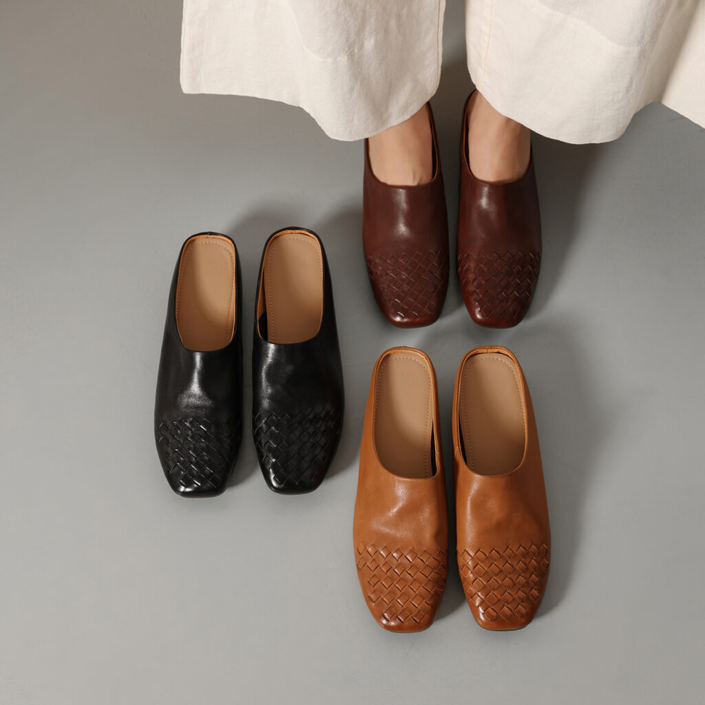 Women's Hand-Woven Washed Full Grain Leather Mules, Square Toe Slip-On Backless Loafers
