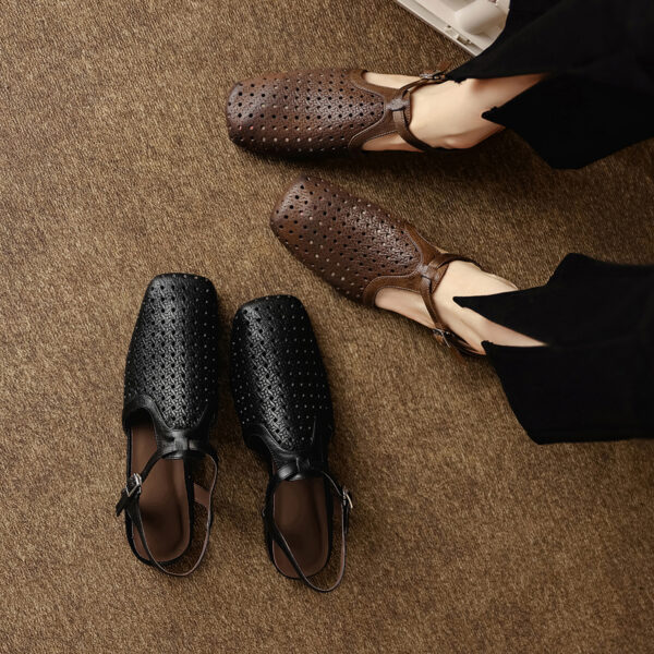 Women's Washed Full Grain Leather Slingback Sandals, Perforated T-Strap Closed-Toe Flat Shoes - Image 7