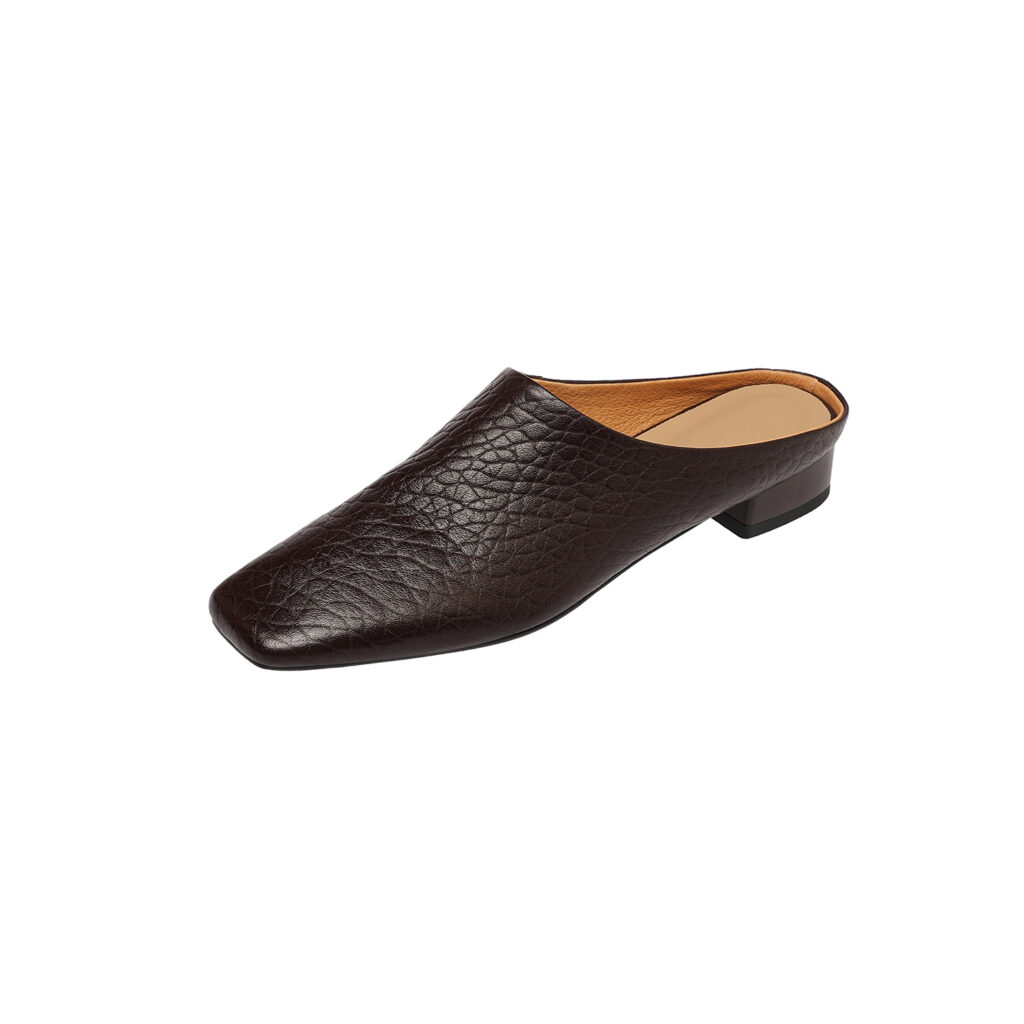 Women's Premium Full-Grain Cowhide Square Toe Mules, Low Block Heel Slip-On Backless Shoes