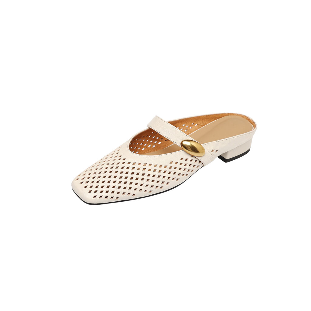 Women's Premium Full-Grain Sheepskin Perforated Mary Jane Mules, Low Block Heel Square Toe Slides
