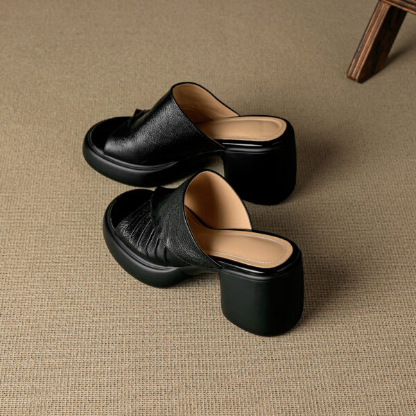 Soft Genuine Lambskin Ruched Block Heel Slides, Ladies Open-Toe Leather Mules - Image 7