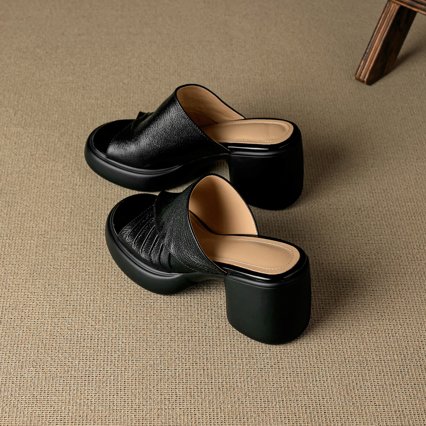 Soft Genuine Lambskin Ruched Block Heel Slides, Ladies Open-Toe Leather Mules - Image 7