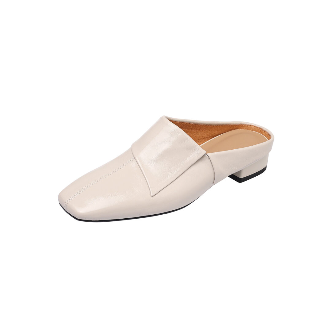 Vintage Washed Full-Grain Cowhide Fold-Over Mules, Ladies Square Toe Low Heel Backless Loafers
