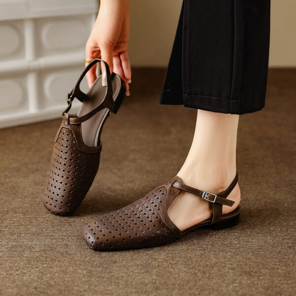 Women's Washed Full Grain Leather Slingback Sandals, Perforated T-Strap Closed-Toe Flat Shoes - Image 6